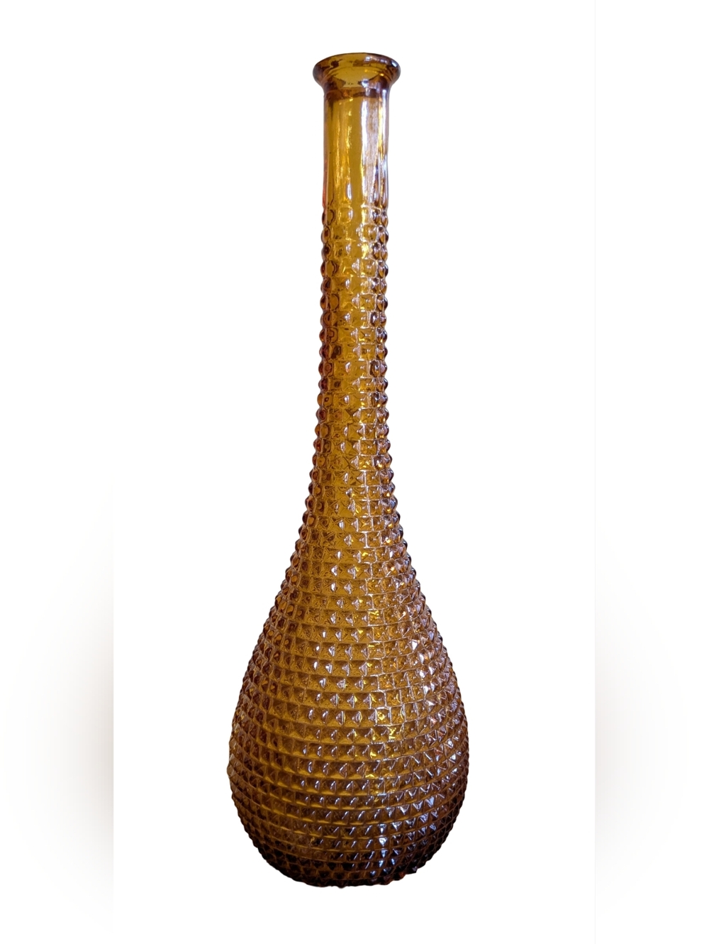 Vintage MCM Italian Empoli Diamond Point Hobnail Amber Genie Bottle 15"